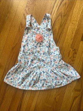 Floral Pink Blue Girls' Casual Pinafore Dress with Flower Accent